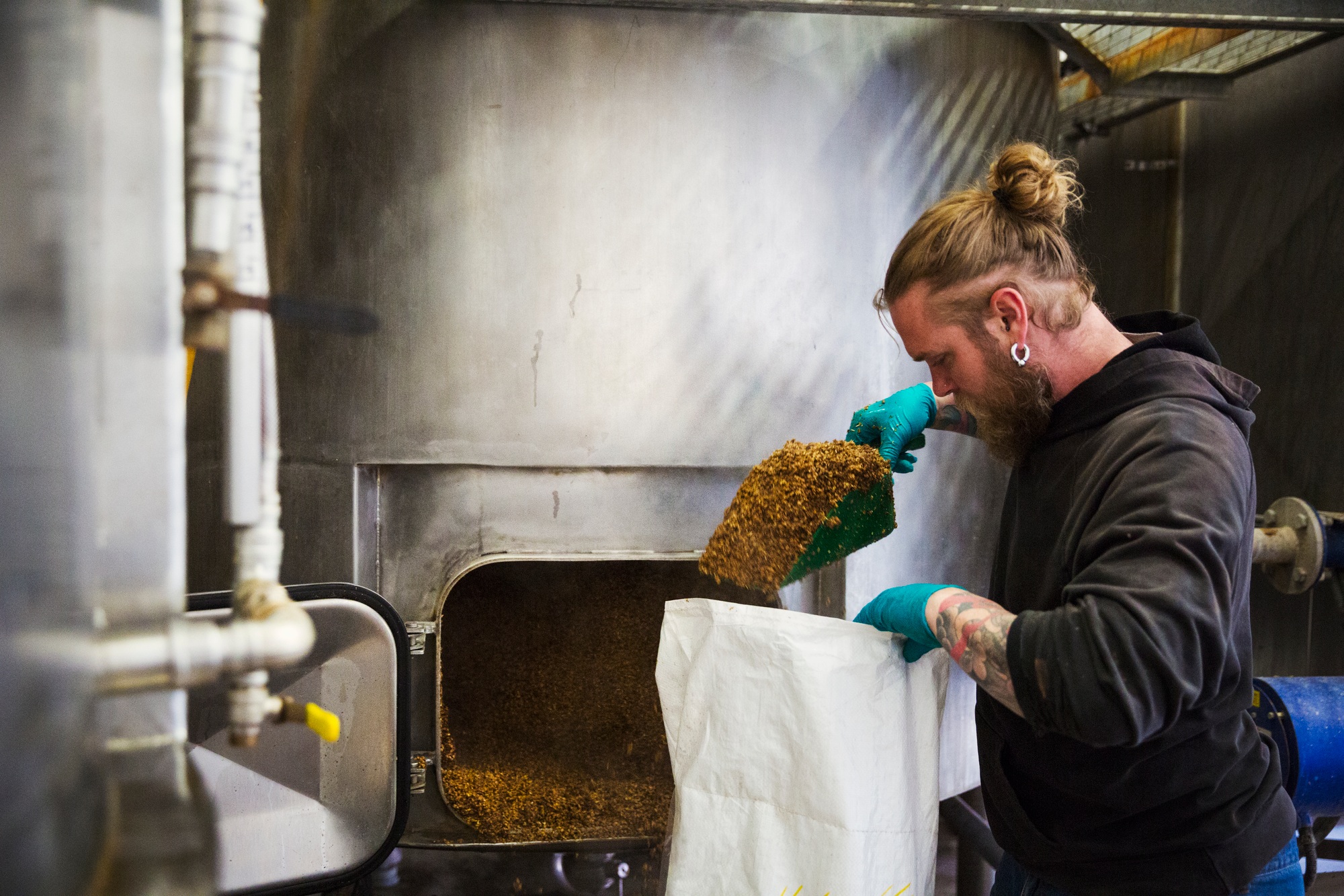 Man scraping shovelling spent grain from a large kettle into a bag in a brewery.